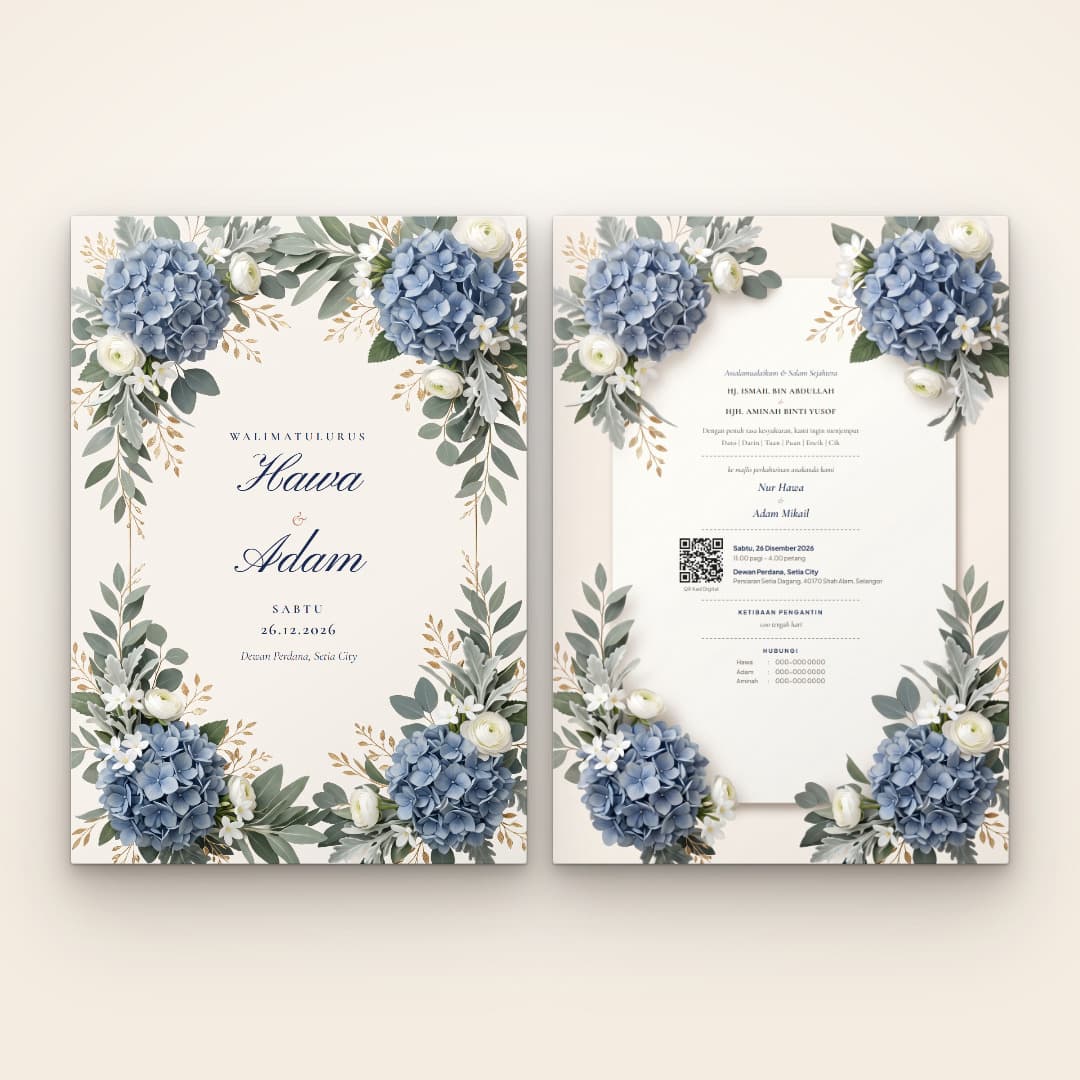 Kad kahwin fizikal Hydrangea Biru (NK-017) — muka depan dan belakang