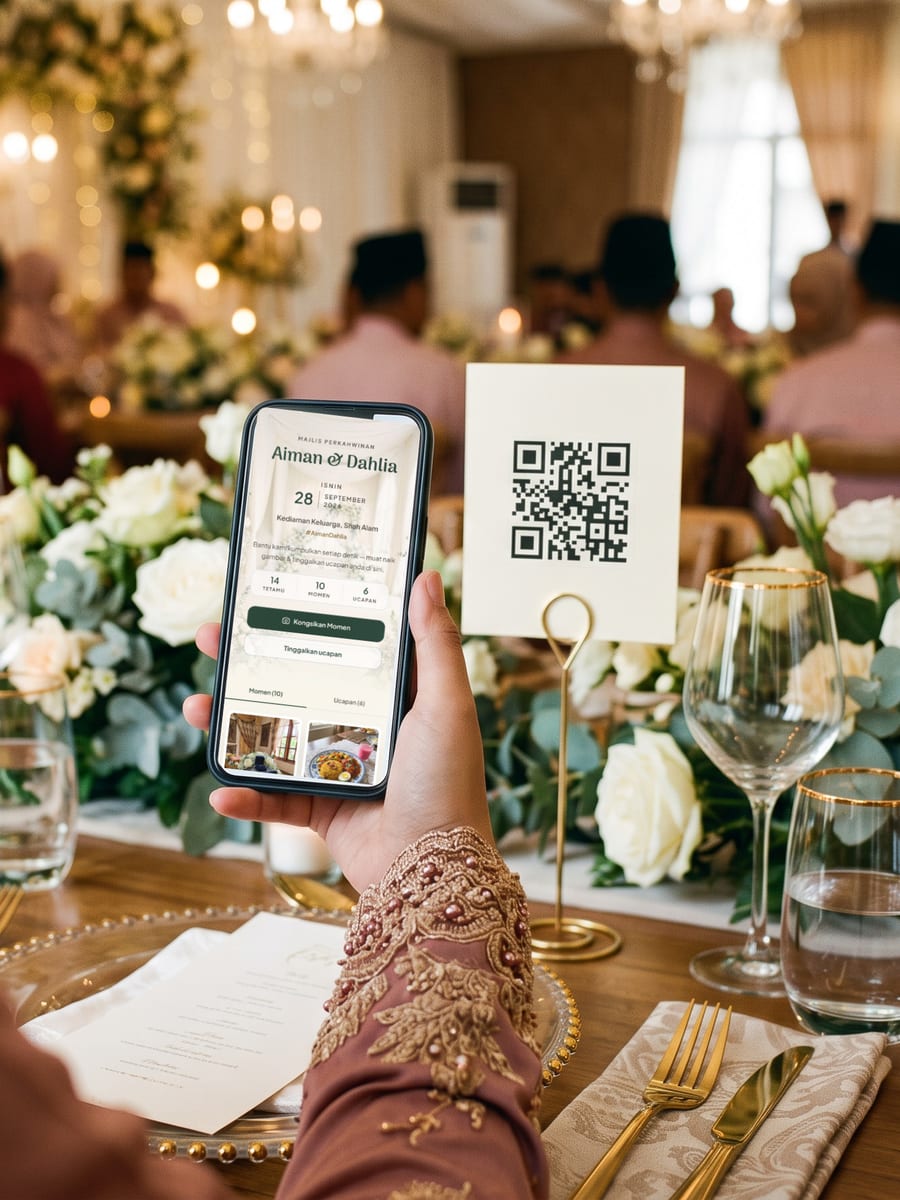 Tetamu membuka galeri majlis di telefon, dengan kad QR di meja